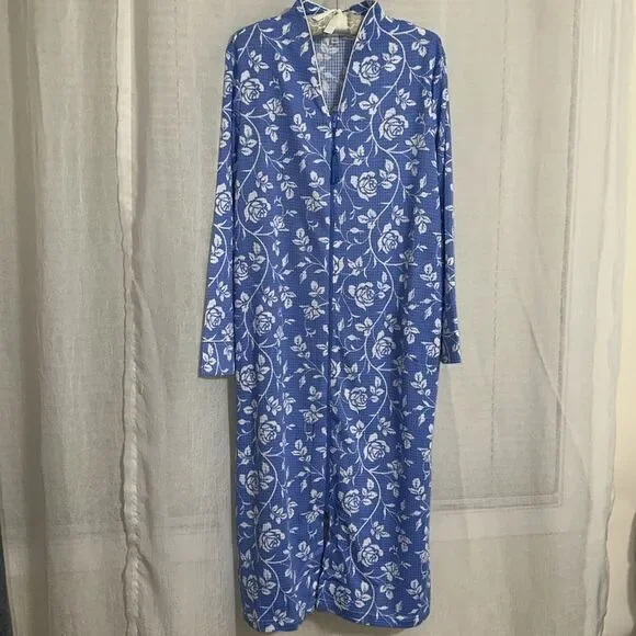 jasmine rose SML Light Blue White Floral Waffle Knit Full Zip Long Sleeve Robe - Picture 4 of 15